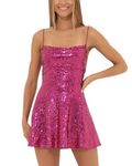 Yoisdtxc Women's Glitter Sequin Mini Dress Sparkly Backless Spaghetti Strap A Line Dress for Cocktail Beach Streetwear (Rose Red, M)