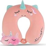 Zuimei Travel Pillow for Kids, Kids Neck Pillow 30 * 30cm Unicorn Memory Foam Neck Support Pillow with Cute Eye Mask, Travel Pillow Set for Airplane Car Train Bus Sleeping(medium Pink)