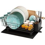 MAJALiS Dish Drainer Rack, Large Dish Drainer for Kitchen Counter, Stainless Steel Dish Rack with Utensil Holder and Dryer Mat, Kitchen Sink Draining Board Rack (Black - One Tier)