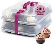 KPKitchen Cupcake Carrier for 24 Cupcakes - Innovative Cupcake Holder includes 2 Cupcake Pans with Lid and Handle - Cupcake Travel Container Carries 12 or 24 Standard-Size Cupcakes for Storage Safely