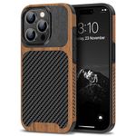 TENDLIN Compatible with iPhone 15 Pro Max Case Wood Grain with Carbon Fiber Texture Design Leather Hybrid Slim Case (Black)