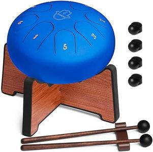 ZERBEAT Steel Tongue Drum 6 Inches, 8 Notes Steel Drum + Unique Stand, Drum Sticks, Finger-Picks, Bag, Beginners Friendly & Adults | Spiritual Musical Instruments. (Blue - with Stand)