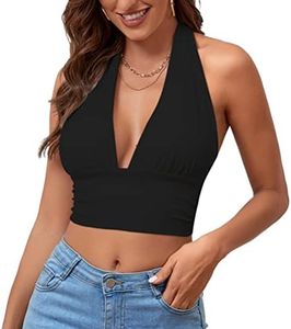 Rooscier Women's Deep V Neck Halter Tie Back Sleeveless Backless Cami Crop Top, Black, Small