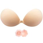 BTkviseQat Push up Bra Backless Bras for Women, Stick on with 2 Nipple Pads, Reusable Strapless Silicone Sticky, Comfortable Invisible Adhesive All Clothes(Beige)