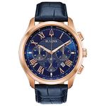 Bulova Classic Chronograph Men's Watch, Stainless Steel with Blue Leather Strap, Rose Gold-Tone (Model: 97B170)