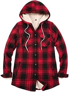 ZENTHACE Women's Sherpa Lined Plaid Flannel Jacket With Hood Button Up Hooded Shirt Fall Red XXL
