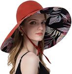 KEOYA Women's Sun Hat for Summer Wired Edge Floral Prints Lady Hats Visor Hats Beach Hats with Ponytail Hole Red