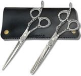 Saki Shears 6 Inch Set of Hair Cutting and Thinning Scissors With Flower Design on Handle and Finger Holes - 440C Stainless Steel - Professional Hair Cutting Set (Silver)