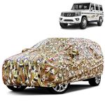 VOICO Waterproof Car Body Cover for Mahindra Bolero - Dust & UV Proof with Mirror Pocket and Soft Cotton Lining (Full Bottom Elastic & Triple Stitched) (Military Jungle Print, Camouflage Design)