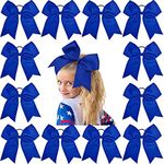 12PCS 8" Large Cheer Bow Blue Ponytail Holder Elastic Band Hair Ties Hair Bow Accessories for Cheerleading Teen Girls High School College Softball Competition Sports