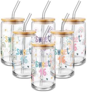 Lallisa 6 Pack Sweet 16 Gifts for Girls Drinking Glasses with Lids and Straw 16th Birthday Decorations Clear Sweet 16 Coffee Glass Cup for Daughter Granddaughter Niece Student Party Supplies (Rainbow)
