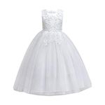 Flower Little Big Girl Lace Embroidery Tulle Sequins Dress Princess Pageant Birthday Party First Communion Wedding Bridesmaid Formal Floor Long Dance Evening Maxi Gown White 6-7 Years