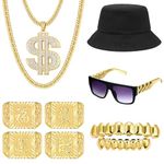 LOYALLOOK 80s 90s Hip Hop Costumes Outfit for Men Women Money Chain Dollar Sign Necklace Old School Rapper Punk Sunglasses Bucket Hat Gold Kanji Ring Teeth Grillz Rapper Accessories Set, Alloy Steel,