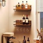 HOOBRO Wall Mounted Wine Rack, Wine Glass Rack Set of 2, Wine Shelf Hanging Floating Shelves, Wine Bottle Glass Rack Stemware Holder, for Living Room, Kitchen, Rustic Brown and Black EBF28BJ01