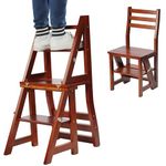 Navaris Folding Step Ladder Chair - Foldable Ladder Stool Shelf - Library Steps Bookshelf Plant Stand for Storage and Decoration - Dark Brown Bamboo