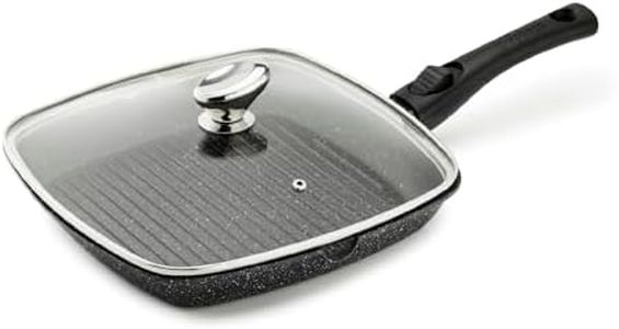 Pradel Excellence - PCUI001022 - Poêle Grill en Fonte d'Aluminium 28x28cm, Couvercle Verre - Revêtement Anti-Adhésif Façon Pierre - Manche Amovible - Tout Feu, Noir