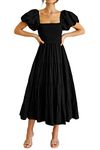PRETTYGARDEN Women Puffy Short Sleeve Tiered Ruffle Dresses Fit and Flare Summer Dress for Women (Black,Large)