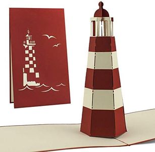Tarjeta de felicitación para amantes viajes en el norte, hecho a mano de con diseño 3D tema faro marítimo rojo, B07