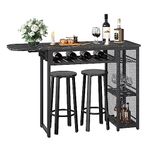 Bestier Bar Table and Chair Set, Expandable Dining Table with 2 Bar Stools, Industrial Kitchen Counter with Wine Rack & 3 Tier Adjustable Storage Shelves (Black)