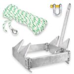 MARINE SYSTEM Galvanized Boat Folding Square Anchor Kit with 3/8 inch x 150 FT Rope and Shackle 13lb, 19lb, or 25 lb (19 LB)