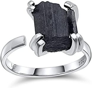 Natural raw black tourmaline adjustable finger ring with white gold over 925 sterling silver, perfect October birthstone gift for her, Uniquelan Jewelry (black-tourmaline)