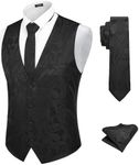 COOFANDY Men Vest Tie Set 3PCS Paisley Floral Necktie and Pocket Square Suit Vests Formal Tuxedo Dress Waistcoat, Black, S