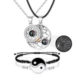 MILACOLATO Matching Necklace Bracelet Set for Couple BFF, 100 Languages I Love You Magnetic Sun&Moon Projection Necklaces Ying Yang Bracelets Adjustable Couple Valentine's Day Jewellery Gift S