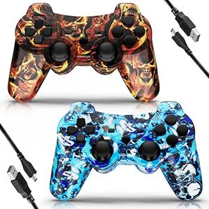 Kujian Controller for PS3, Wireless Controller for Playstation 3 6-axis Dual Vibration Gaming Controller with Charging Cord(Blaze Skull+Blue punk)
