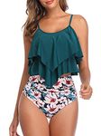 Womens Tankini Swimsuits High Waisted Bikini Ruffled Top Tummy Control Two Piece Bathing Suits Swimwear 01 Blue Pink 10-12