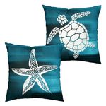 Kwlegh Set of 2 Sea Turtle Pillow Covers 16x16 Beach Theme Starfish Throw Pillow Covers Teal Blue Ocean Coastal Cushion Case for Living Room Patio Couch Car