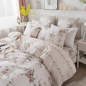 FADFAY Duvet Cover Set Pink Rose Floral Bedding Shabby Peony Flower Quilt Cover Set Vintage Farmhouse Bedding 100% Cotton Soft Comforter Cover Set with Zipper Closure 3Pcs, King/California King Size