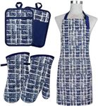 Alselo Oven Mitts and Pot Holders with Cooking Apron,Set of 5 Heat Resistant Kitchen Gloves and Silicone Non-Slip Potholders Adjustable Neck Buckle Chef Apron, Cotton Nice Design for Cooking (Navy)