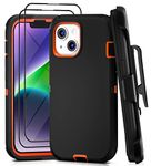 PQC iPhone 14 Case with Belt Clip and 2 Pack Screen Protector - Military Grade Rugged Full Body Phone Case for Men and Women (Black+Orange)