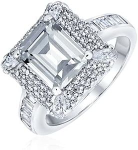 Personalize Classic Cubic Zirconia Rectangle Halo AAA CZ Emerald Cut Engagement Ring For Women .925 Sterling Silver Pave Band Promise Ring Customizable