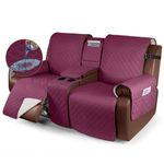 KinCam 100% Waterproof Recliner Loveseat Cover with Console, Non-slip Reclining Couch Covers for 2 Seat, Recliner Sofa Cover Furniture Protector with Elastic Straps for Kids, Pets, Burgundy