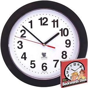 Black Backwards Wall Clock, Runs Counterclockwise and Reverse