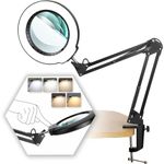 10X Magnifying Glass with Light and Clamp, Drdefi 5 Color Modes Stepless Dimmable Adjustable Swing Arm Desk Lamp, Hands Free LED Lighted Magnifier Light for Close Works Craft Hobby Painting Repairing