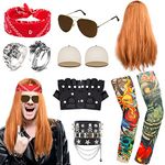 13Pcs Heavy Metal Rocker Wig Set, Punk Gothic Rocker Costume Accessories with PU Gloves Sunglasses Vintage Red Bandana Bracelet Rings Temporary Tattoo Sleeves 70s 80s Fancy Dress for Men Women