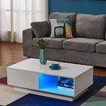 Panana Wooden Coffee Table with Storage Drawer and Shelf Wood Sofa Side End Table with LED Lighting Home Office Living Room Furniture White