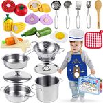 Airlab Play Kitchen Accessories Play Food Set for Kids Montessori Educational Toys for 2+ Year Old Toddlers Boys Girls Wooden Pretend Cutting Toy Stainless Steel Pot and Pan Cooking Utensils Set