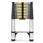 HBTower Telescopic Ladder with Non-Slip Feet, 3.8M/12.5FT Thickened High-Strength Aluminum Extendable ladders, Adjustable Height Collapsible Ladder for Caravans lofts, outdoors and Interiors,Silver