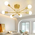 Modern Sputnik Chandelier, Ceiling Light Fixture Semi Flush Mount 6-Lights Gold Chandeliers for Living Room Bedroom Dining Room Farmhouse Kitchen, Mid Century Pendant with E26 Base, Bulbs Not Included