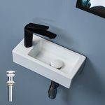 bathivy 15"x7.5" Wall Mount Corner Bathroom Sink with Pop-up Drain & Installation Kits, Rectangular White Ceramic Vessel Sink, Wall Hung Mini Floating Sink, Small Corner Sink for Bathrooms (Left Hand)