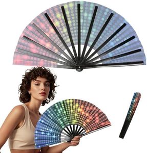 13'' Large Line Dance Popping Fan for Women, Holographic Rave Folding Hand Fan- Foldable Chinese Clack Hand Fan for Raves, Halloween, Burlesque, Hot Flashes,Rainbow Outfits for Women