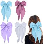 Bekecidi 4 Pack Big Bow Clip Solid Color Bowknot Hairpin Large Hair Bows for Women French Barrette with Long Silky Satin for Adult Teens Women Hair Accessories(Pink, Pure White, Purple, Light Blue)