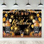 Riyidecor Whiskey Happy Birthday Backdrop for Men Black Gold 7Wx5H Feet Polyester Fabric Balloons Fireworks Cigar Barrel Wood Modern Photography Background Cheer Table Decor Banner Studio Photo Shoot