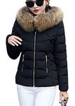 YMING Women Down Coat Jacket Winter Casual Slim Down Coat Warm Hoodied Outerwear Black 2XS