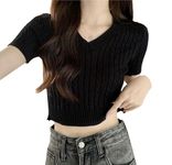 ICW Women's Acrylic Knitted Ribbed Half Sleeve V-neck Self Design Crop Top T-Shirt 128 (Small, Black)