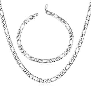 U7 Italy Figaro Chain Stainless Steel Link Bracelet Necklace Set for Men Women - Length 8.3" 28 Inch