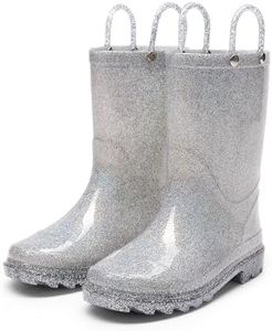 DREAM PAIRS Kids Rain Boots Glitter Boys Girls with Easy-on Handles Sparkly Waterproof Boots Outdoor Playing Rain Boots Unisex-Child,Size 7 Toddler,Silver,KKEMRB2501